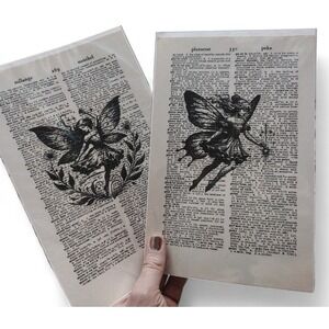 Fairy Dictionary Art Prints Vintage Book Page Decor Whimsical Wall Set of 2